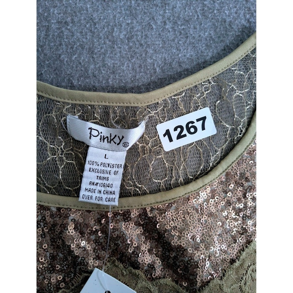Pinky Womens Gold Sequin Lace‎ Mesh L Fit Flare  Party Dress Cream Bronze NWT - Picture 8 of 8